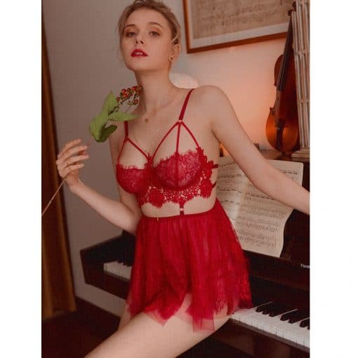 Women's Sexy Erotic Mesh Lace See Through Nightgown with Thong Set - Image 4