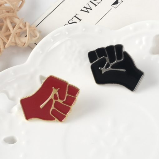 Raised Fist Shaped Red / Black Enamel Metal Brooch